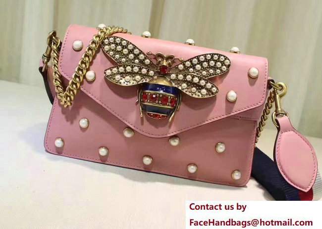 Gucci Pearl Studs And Metal Bee Broadway Leather Chain Clutch Bag 453778 pink 2017 - Click Image to Close