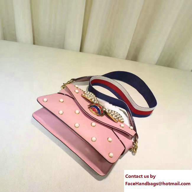 Gucci Pearl Studs And Metal Bee Broadway Leather Chain Clutch Bag 453778 pink 2017
