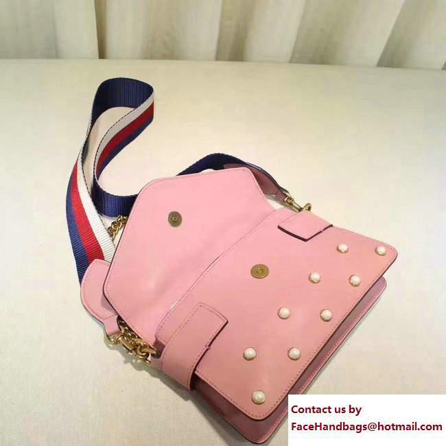 Gucci Pearl Studs And Metal Bee Broadway Leather Chain Clutch Bag 453778 pink 2017