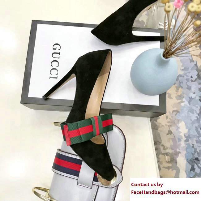 Gucci Point Toe Ballet Flats/Pumps Suede Black with Removable Sylvie Web Bow 2017