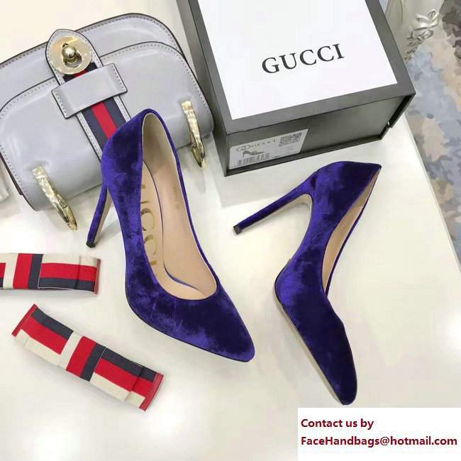 Gucci Point Toe Ballet Flats/Pumps Velvet Blue with Removable Sylvie Web Bow 2017 - Click Image to Close