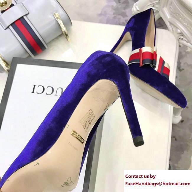 Gucci Point Toe Ballet Flats/Pumps Velvet Blue with Removable Sylvie Web Bow 2017 - Click Image to Close