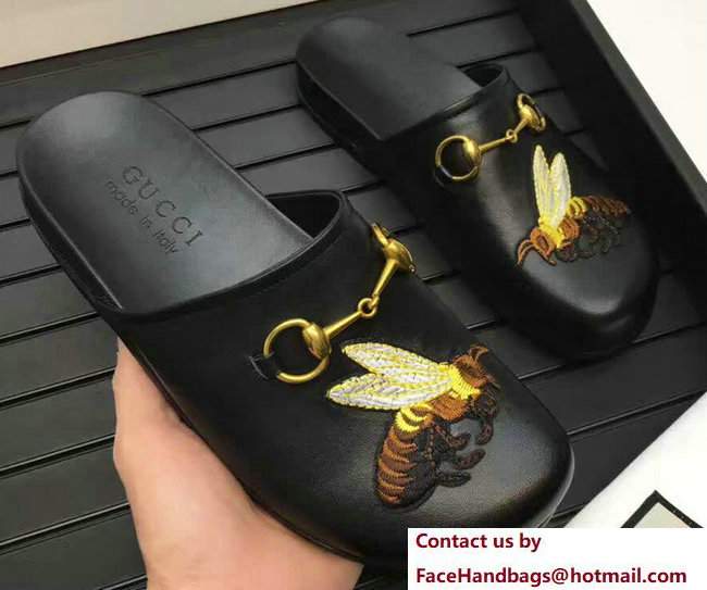 Gucci Pricetown Horsebit Detail Embroidered Bee Men's Slipper Black 2017