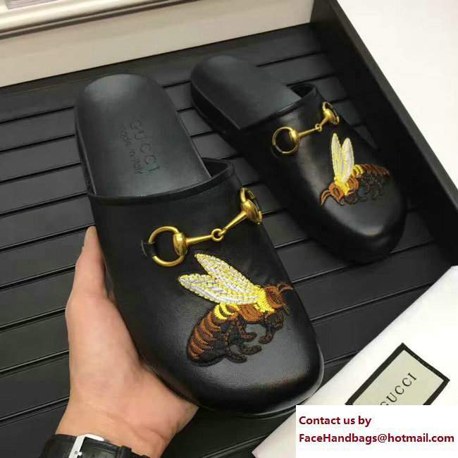 Gucci Pricetown Horsebit Detail Embroidered Bee Men's Slipper Black 2017 - Click Image to Close