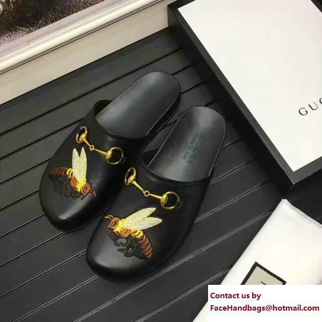 Gucci Pricetown Horsebit Detail Embroidered Bee Men's Slipper Black 2017 - Click Image to Close