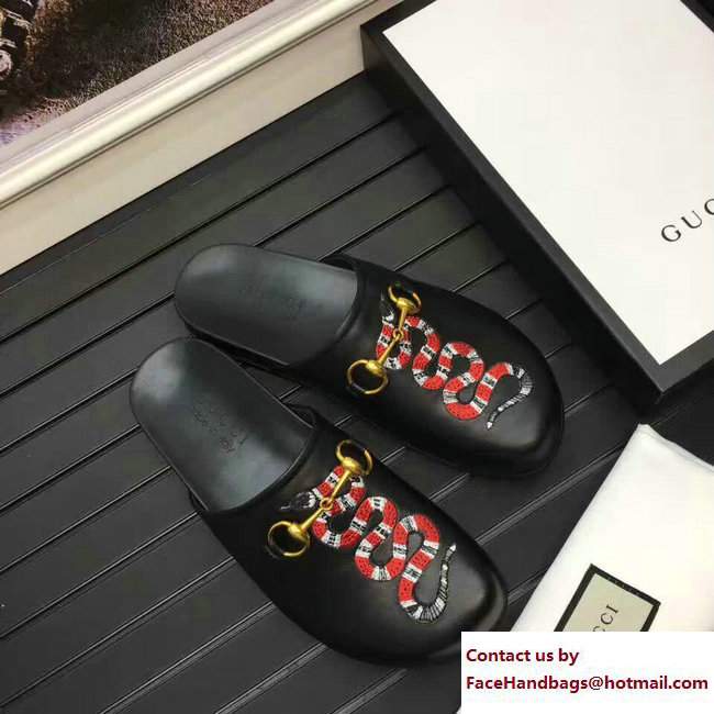 Gucci Pricetown Horsebit Detail Embroidered Snake Men's Slipper Black 2017 - Click Image to Close