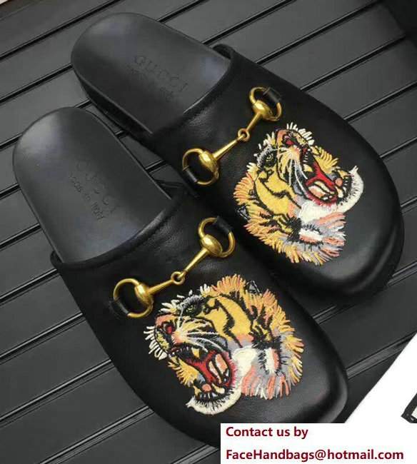 Gucci Pricetown Horsebit Detail Embroidered Tiger HeadMen's Slipper 457135 Black 2017 - Click Image to Close