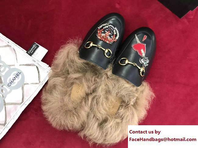 Gucci Princetown Fur Slipper Embroidered Heart Sword And Tiger Head 459102 2017