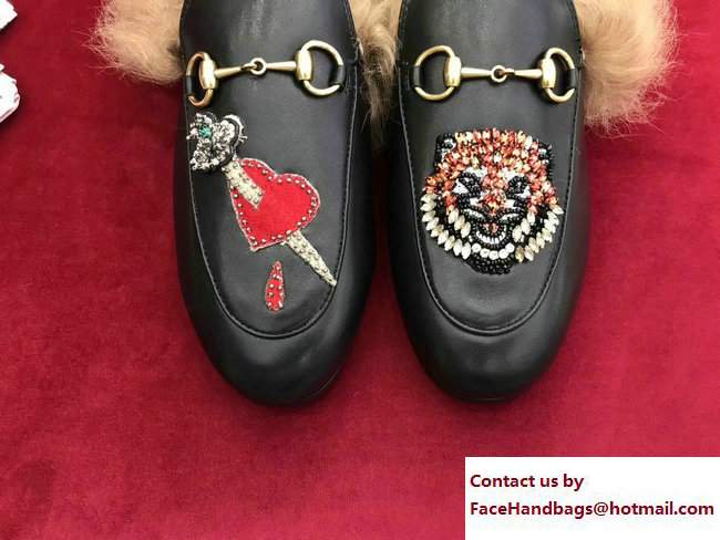 Gucci Princetown Fur Slipper Embroidered Heart Sword And Tiger Head 459102 2017