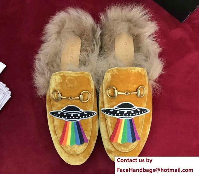 Gucci Princetown Fur Slipper Embroidered Planet Velvet Yellow 2017