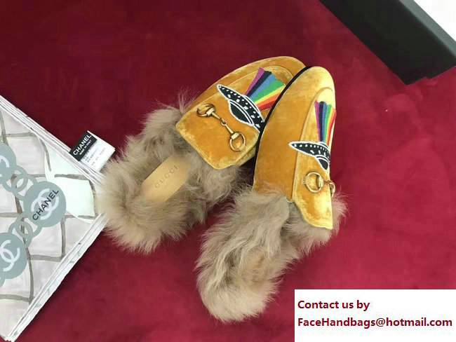 Gucci Princetown Fur Slipper Embroidered Planet Velvet Yellow 2017
