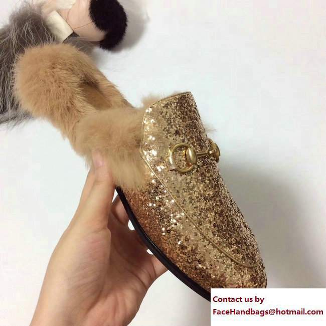 Gucci Princetown Fur Slipper Glitter Gold 2017 - Click Image to Close