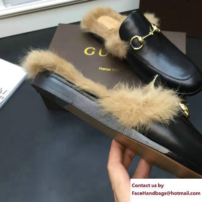 Gucci Princetown Leather Fur Men's Slipper 397749 Black 2016 - Click Image to Close