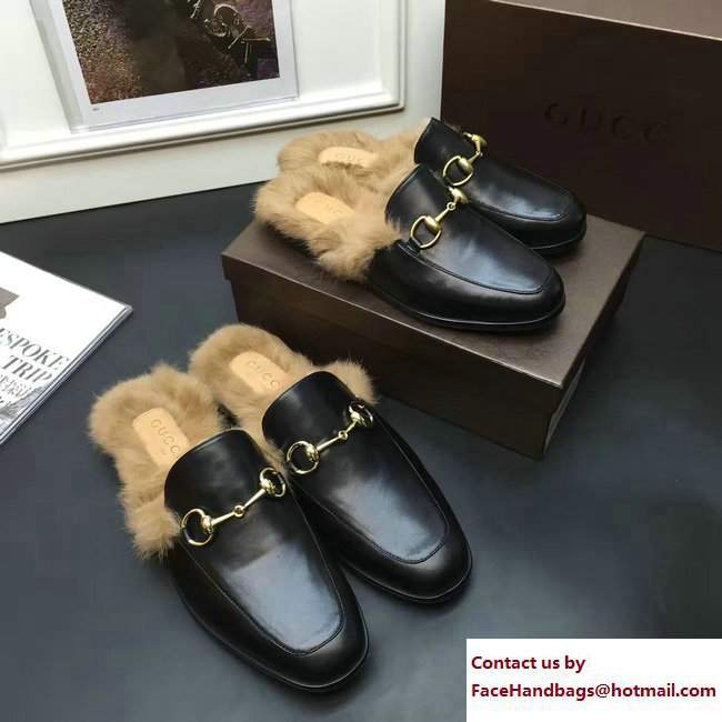 Gucci Princetown Leather Fur Men's Slipper 397749 Black 2016 - Click Image to Close