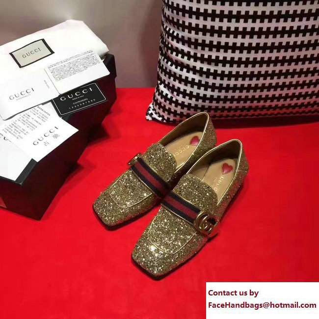 Gucci Square Toe Glitter Double G Web Loafers 476726 Gold 2017