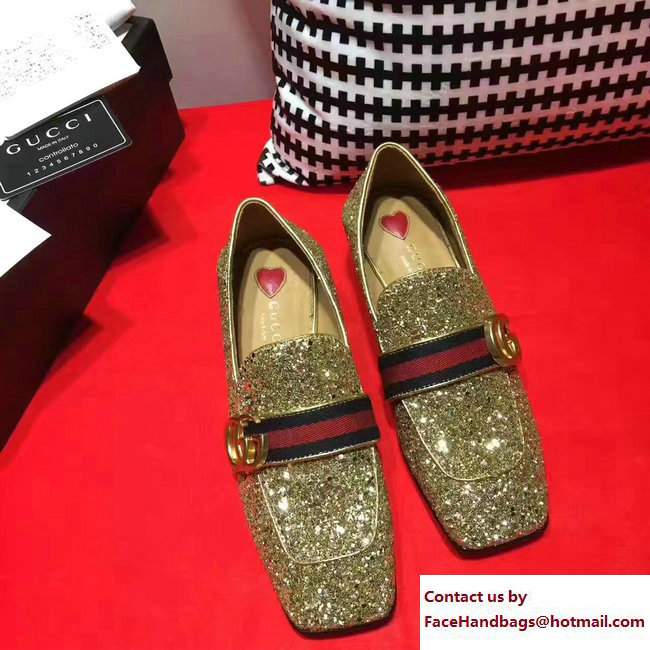 Gucci Square Toe Glitter Double G Web Loafers 476726 Gold 2017 - Click Image to Close