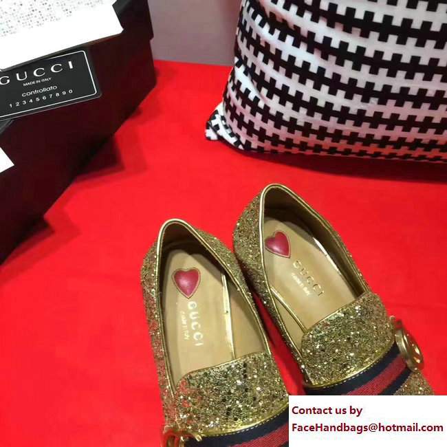 Gucci Square Toe Glitter Double G Web Loafers 476726 Gold 2017 - Click Image to Close