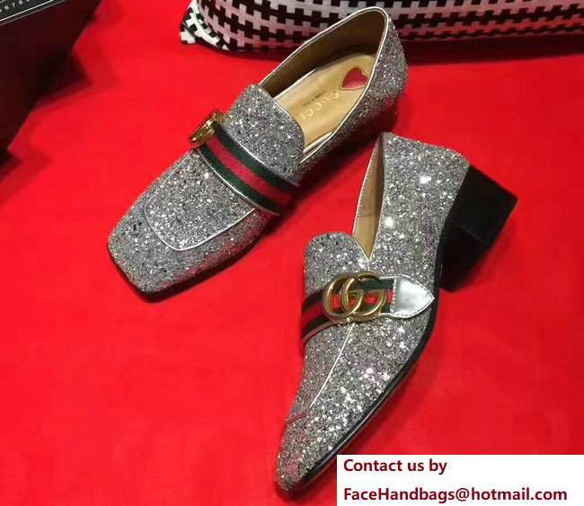 Gucci Square Toe Glitter Double G Web Loafers 476726 Silver 2017