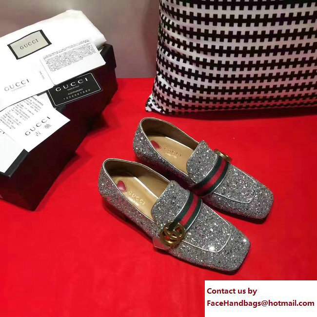 Gucci Square Toe Glitter Double G Web Loafers 476726 Silver 2017 - Click Image to Close