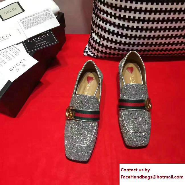 Gucci Square Toe Glitter Double G Web Loafers 476726 Silver 2017 - Click Image to Close