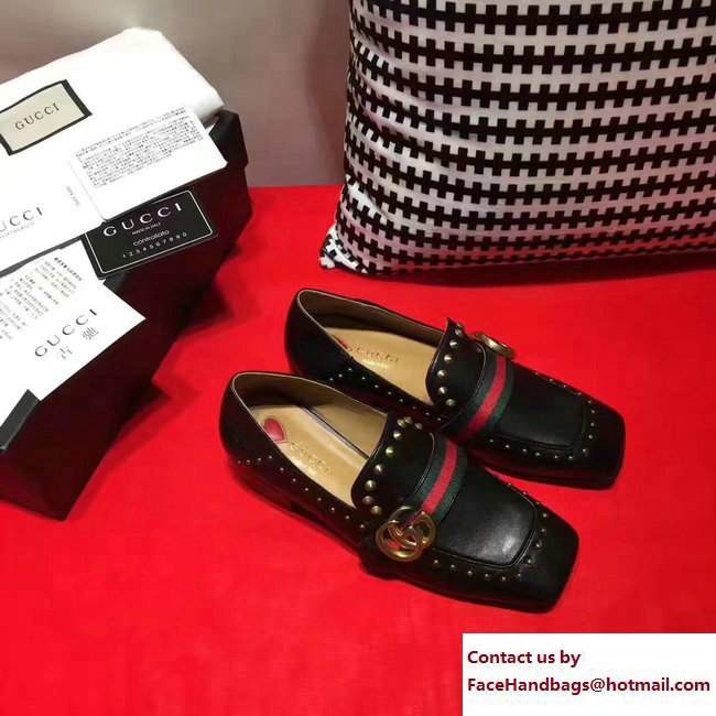 Gucci Studded Square Toe Double G Web Loafers Black 2017