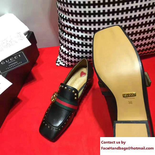 Gucci Studded Square Toe Double G Web Loafers Black 2017 - Click Image to Close