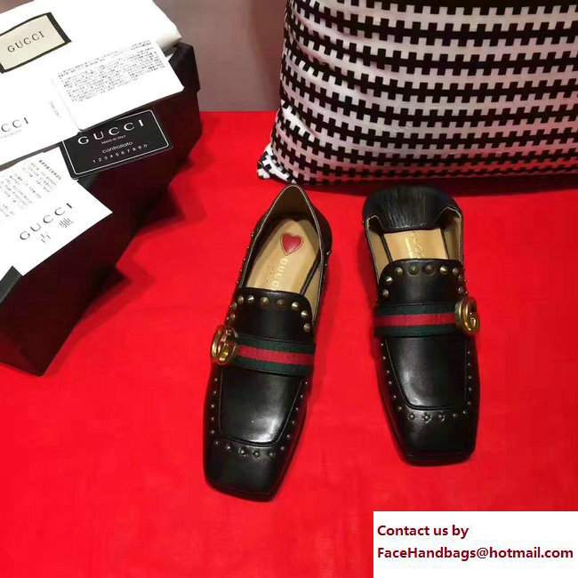 Gucci Studded Square Toe Double G Web Loafers Black 2017 - Click Image to Close
