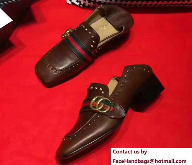 Gucci Studded Square Toe Double G Web Loafers Coffee 2017 - Click Image to Close