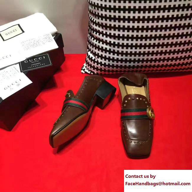 Gucci Studded Square Toe Double G Web Loafers Coffee 2017 - Click Image to Close