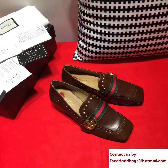 Gucci Studded Square Toe Double G Web Loafers Coffee 2017
