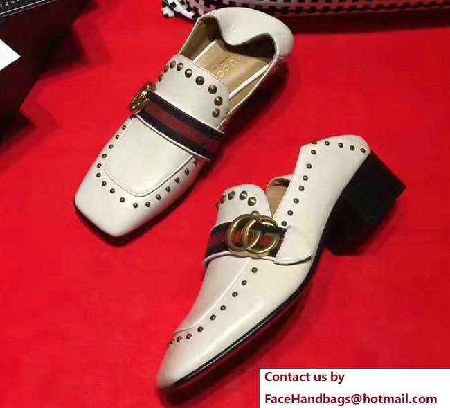 Gucci Studded Square Toe Double G Web Loafers White 2017 - Click Image to Close