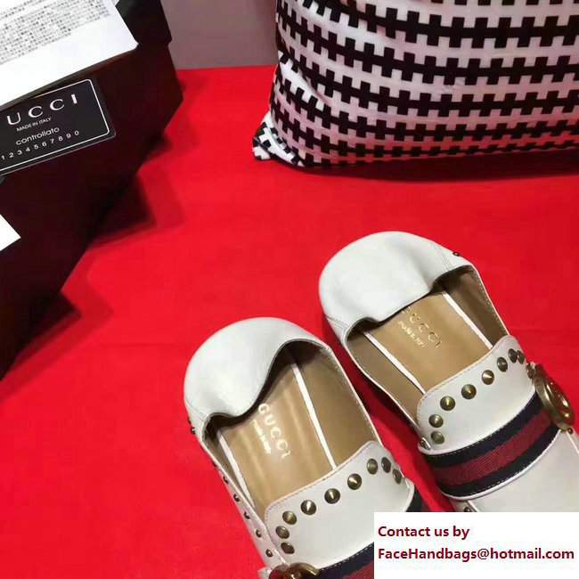 Gucci Studded Square Toe Double G Web Loafers White 2017 - Click Image to Close