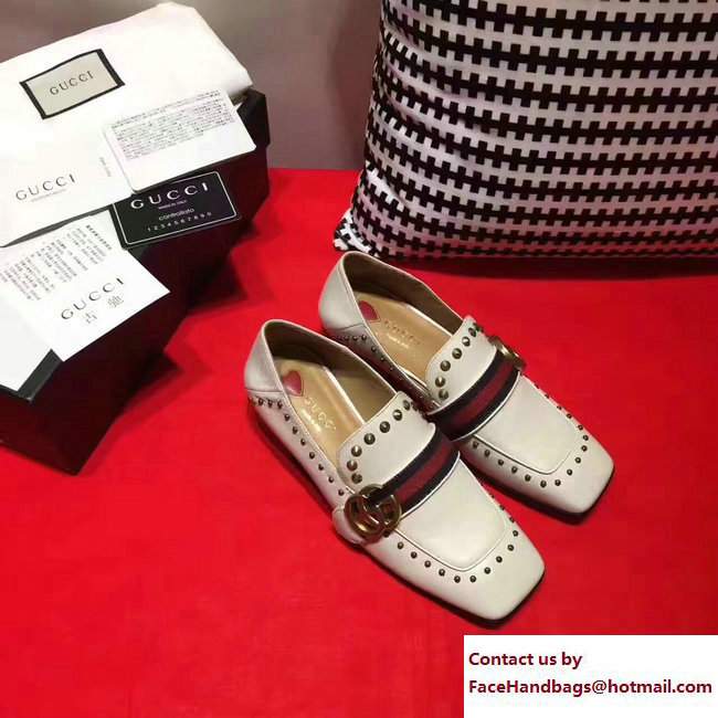 Gucci Studded Square Toe Double G Web Loafers White 2017