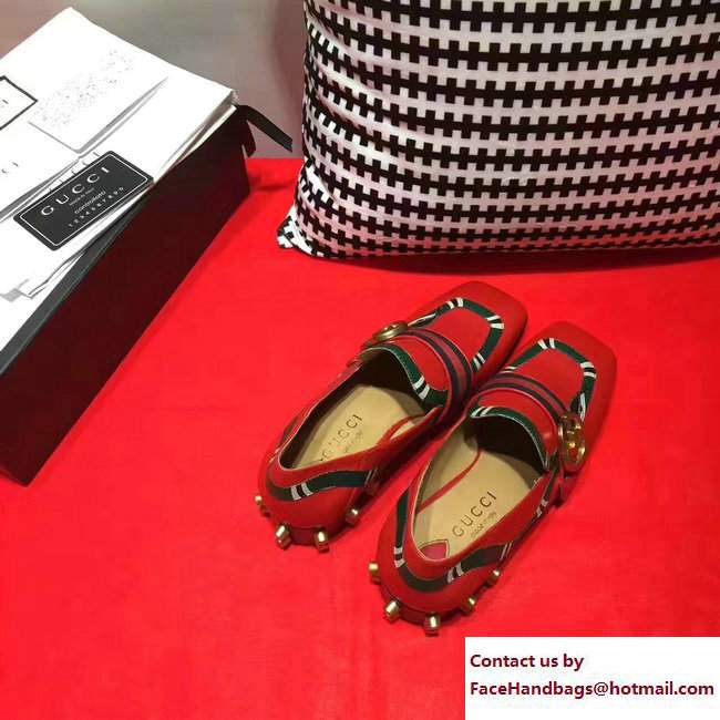 Gucci Studded and Snake Square Toe Double G Web Loafers Red 2017 - Click Image to Close