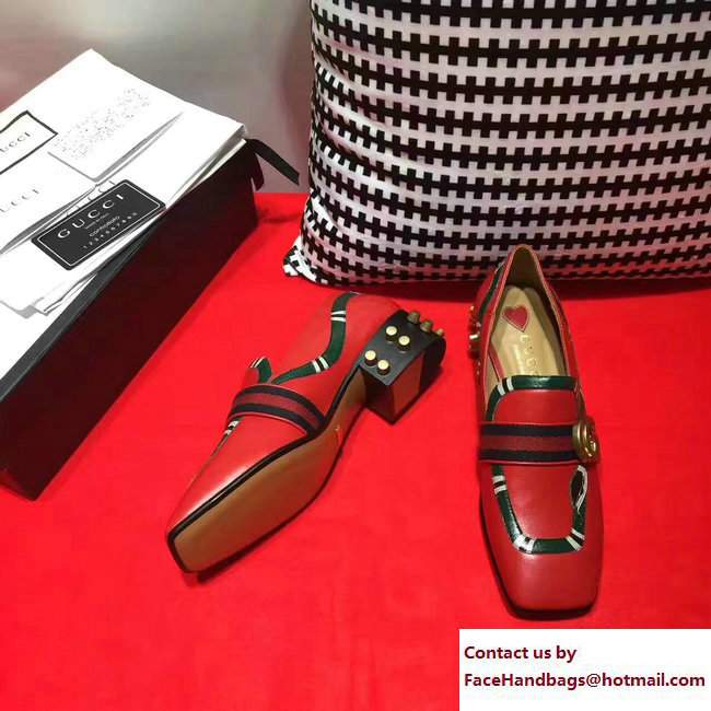Gucci Studded and Snake Square Toe Double G Web Loafers Red 2017