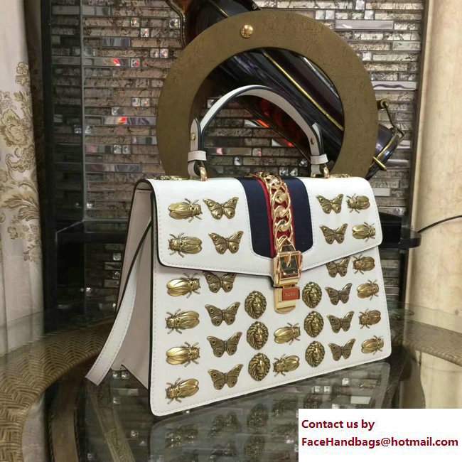 Gucci Sylvie Metal Animal Insects Studs Leather Top Handle Medium Bag 431665 White 2017 - Click Image to Close