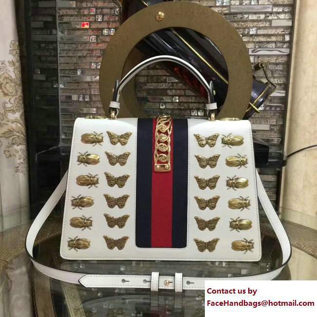 Gucci Sylvie Metal Animal Insects Studs Leather Top Handle Medium Bag 431665 White 2017