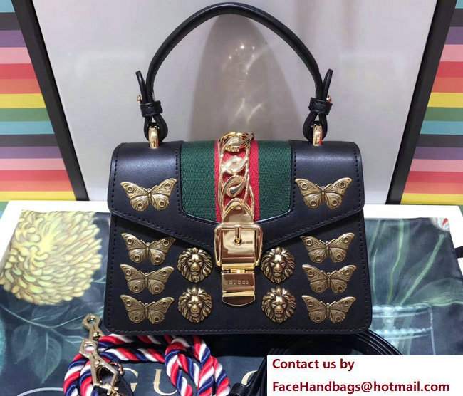 Gucci Sylvie Metal Animal Insects Studs Leather Top Handle Mini Bag 470270 Black 2017 - Click Image to Close