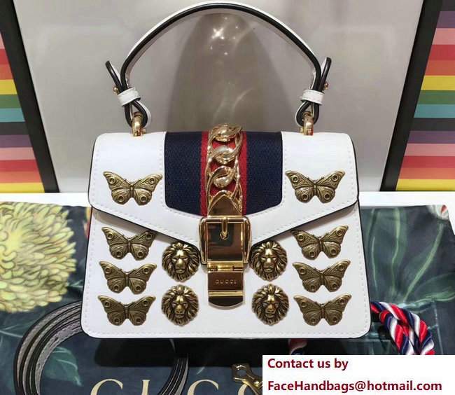 Gucci Sylvie Metal Animal Insects Studs Leather Top Handle Mini Bag 470270 White 2017 - Click Image to Close