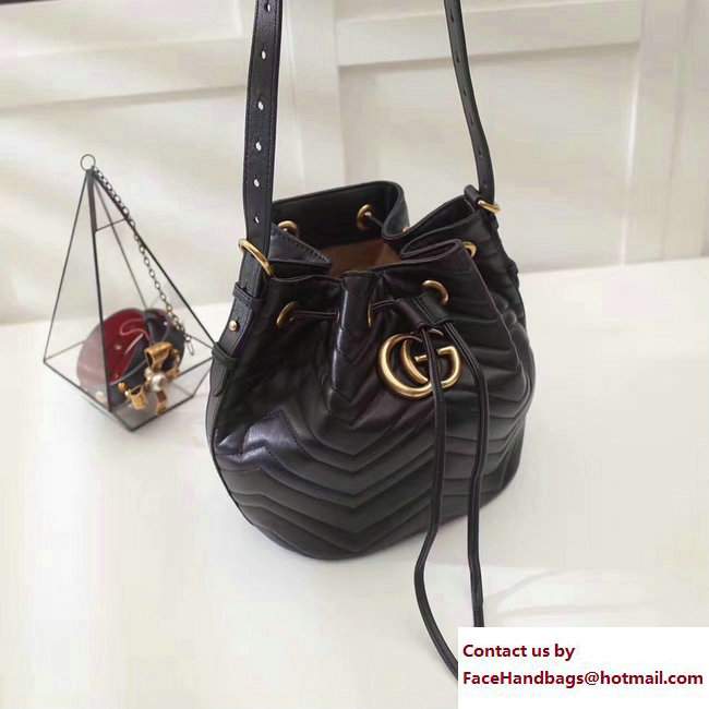 Gucci Sylvie Web Strap GG Marmont Chevron Quilted Leather Bucket Bag 476674 Black 2017 - Click Image to Close