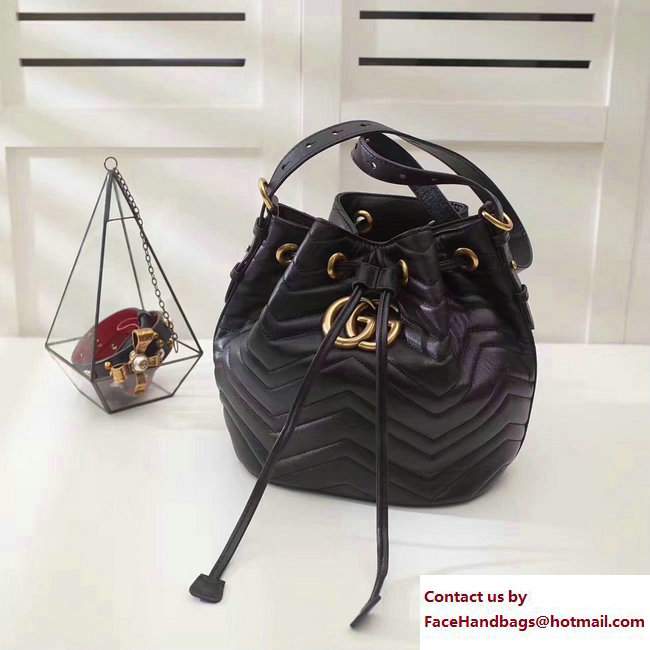 Gucci Sylvie Web Strap GG Marmont Chevron Quilted Leather Bucket Bag 476674 Black 2017