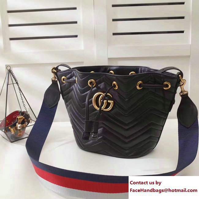 Gucci Sylvie Web Strap GG Marmont Chevron Quilted Leather Bucket Bag 476674 Black 2017 - Click Image to Close