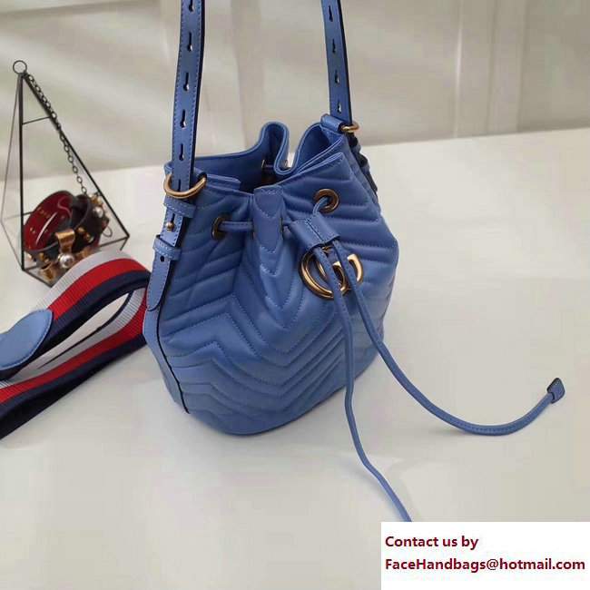 Gucci Sylvie Web Strap GG Marmont Chevron Quilted Leather Bucket Bag 476674 Blue 2017