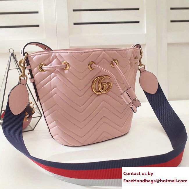 Gucci Sylvie Web Strap GG Marmont Chevron Quilted Leather Bucket Bag 476674 Pink 2017