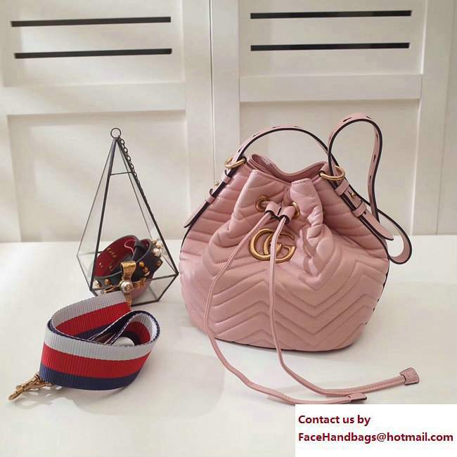 Gucci Sylvie Web Strap GG Marmont Chevron Quilted Leather Bucket Bag 476674 Pink 2017
