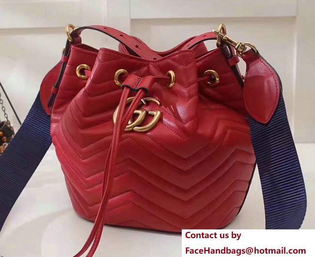Gucci Sylvie Web Strap GG Marmont Chevron Quilted Leather Bucket Bag 476674 Red 2017 - Click Image to Close