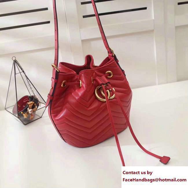 Gucci Sylvie Web Strap GG Marmont Chevron Quilted Leather Bucket Bag 476674 Red 2017 - Click Image to Close
