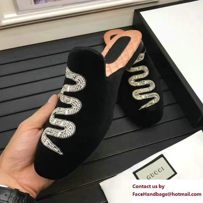 Gucci Velvet Crystal Embroidered Snake Evening Men's Slippers 459094 Black 2017