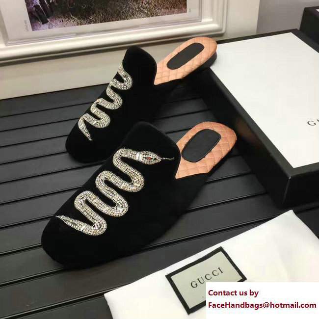 Gucci Velvet Crystal Embroidered Snake Evening Men's Slippers 459094 Black 2017 - Click Image to Close