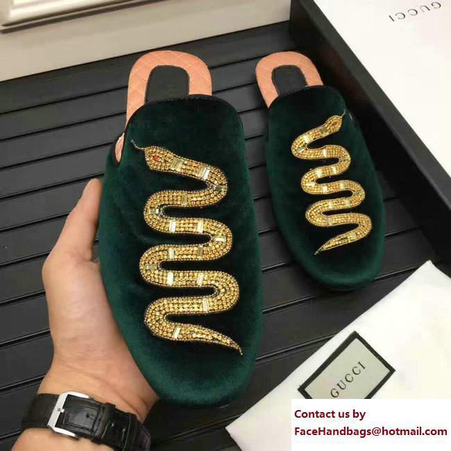 Gucci Velvet Crystal Embroidered Snake Evening Men's Slippers 464340 Green 2017 - Click Image to Close